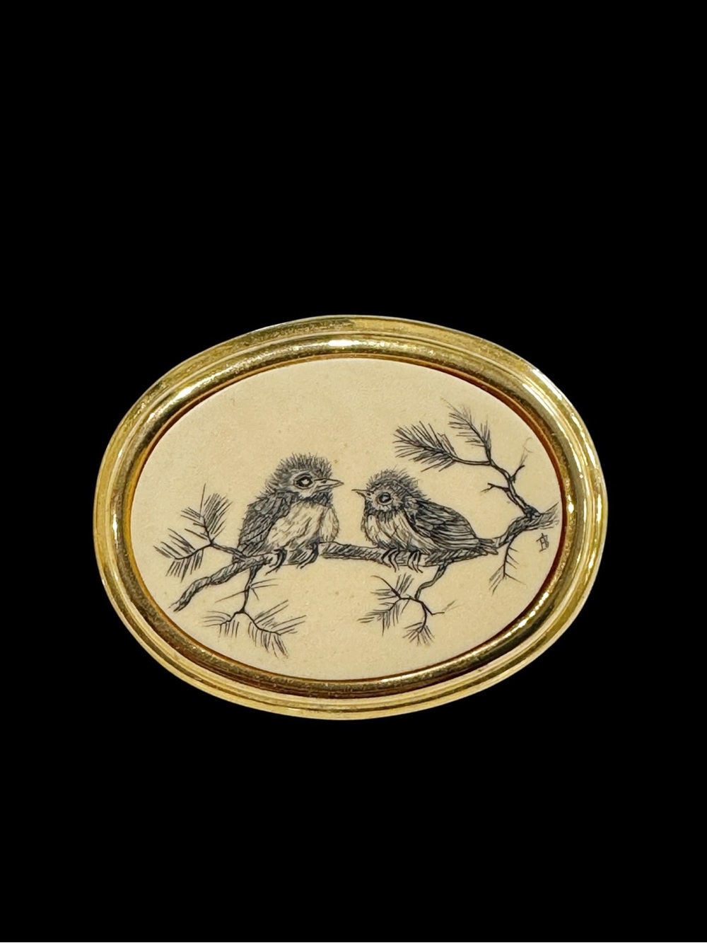 Vintage Barlow Faux Scrimshaw Baby Bird Oval Brooch